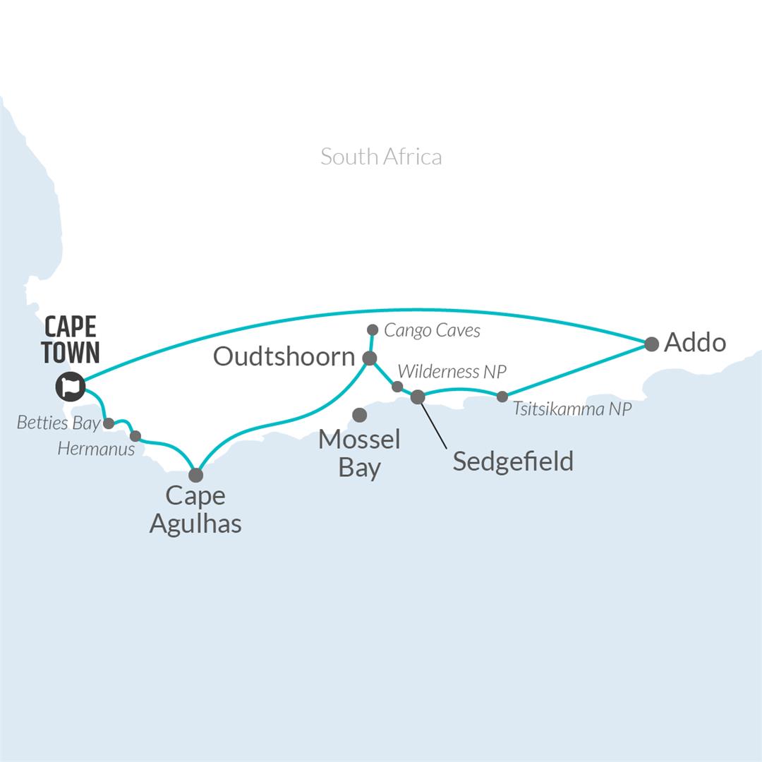 tourhub | Bamba Travel | Cape Town, Garden Route & Addo Adventure 10D/9N | 53899 | Route Map